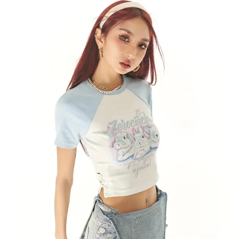 

Cute 2023 Summer New Contrast Color Short Raglan Sleeve T-Shirt Women's Pure Rabbit Print Slim High Waist Navel Top