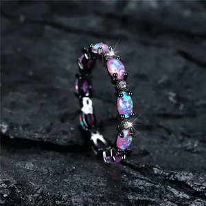 Cincin Pertunangan Opal Api Ungu Cincin Kawin Batu Oval Kecil Lucu untuk Wanita Perhiasan Pita Logam Hitam Antik Aksesori Pengantin 10 cincin opal api penjualan terbaik - №