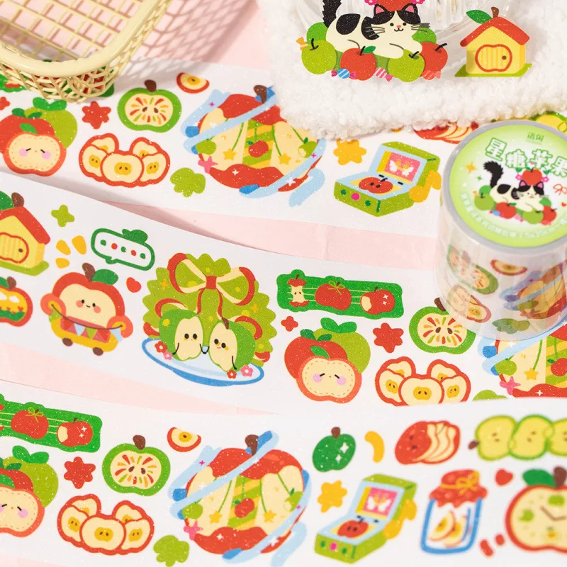 1-Roll 5x200cm Cute Apple & Animal Tape Stickers, Adorable Fruit-Animal Patterns, for Journal Decoration & DIY Crafts