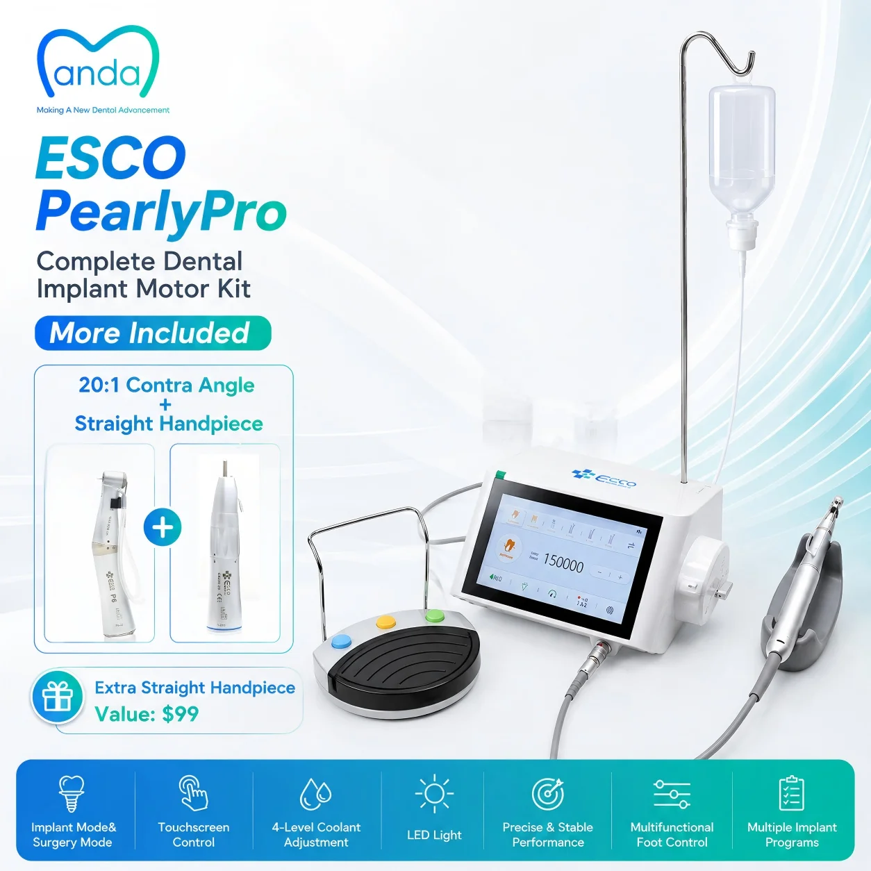 ESCO PearlyPro Dental Implant Motor 70N.cm Touch Screen 20:1 Contra Angle Straight Handpiece
