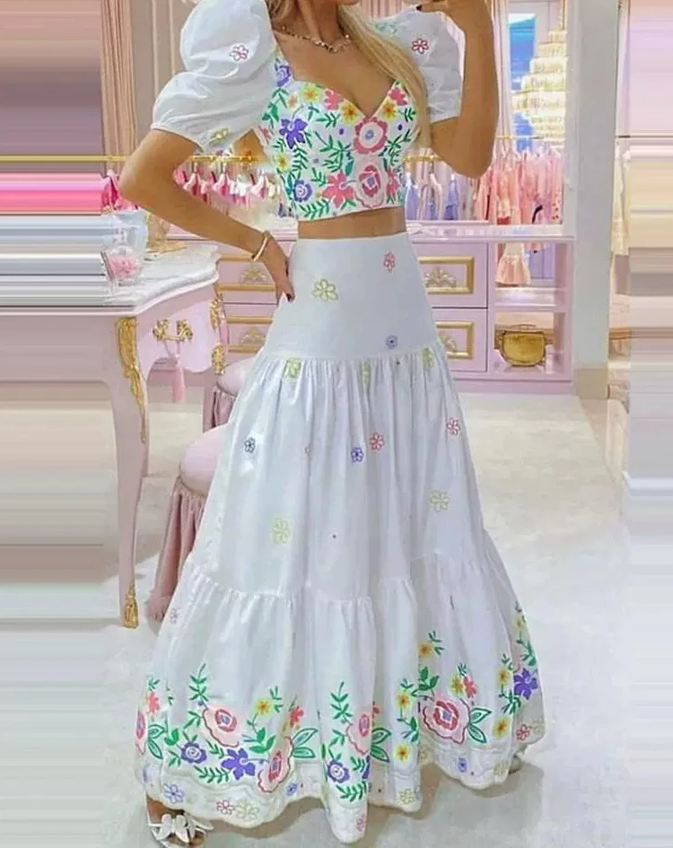 Floral Print Puff Sleeve Crop Top & Ruched Skirt Set Women Dress Sets Summer Party Matching Sets White Y2k Elegant Boho Skirts