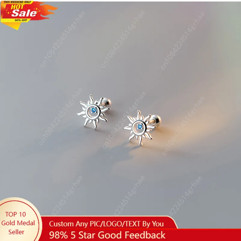 

925 Sterling Silver Blue Zircon Sun Small Stud Earrings For Women Piercing Wedding Luxury Jewelry Wholesale Jewellery Money 925