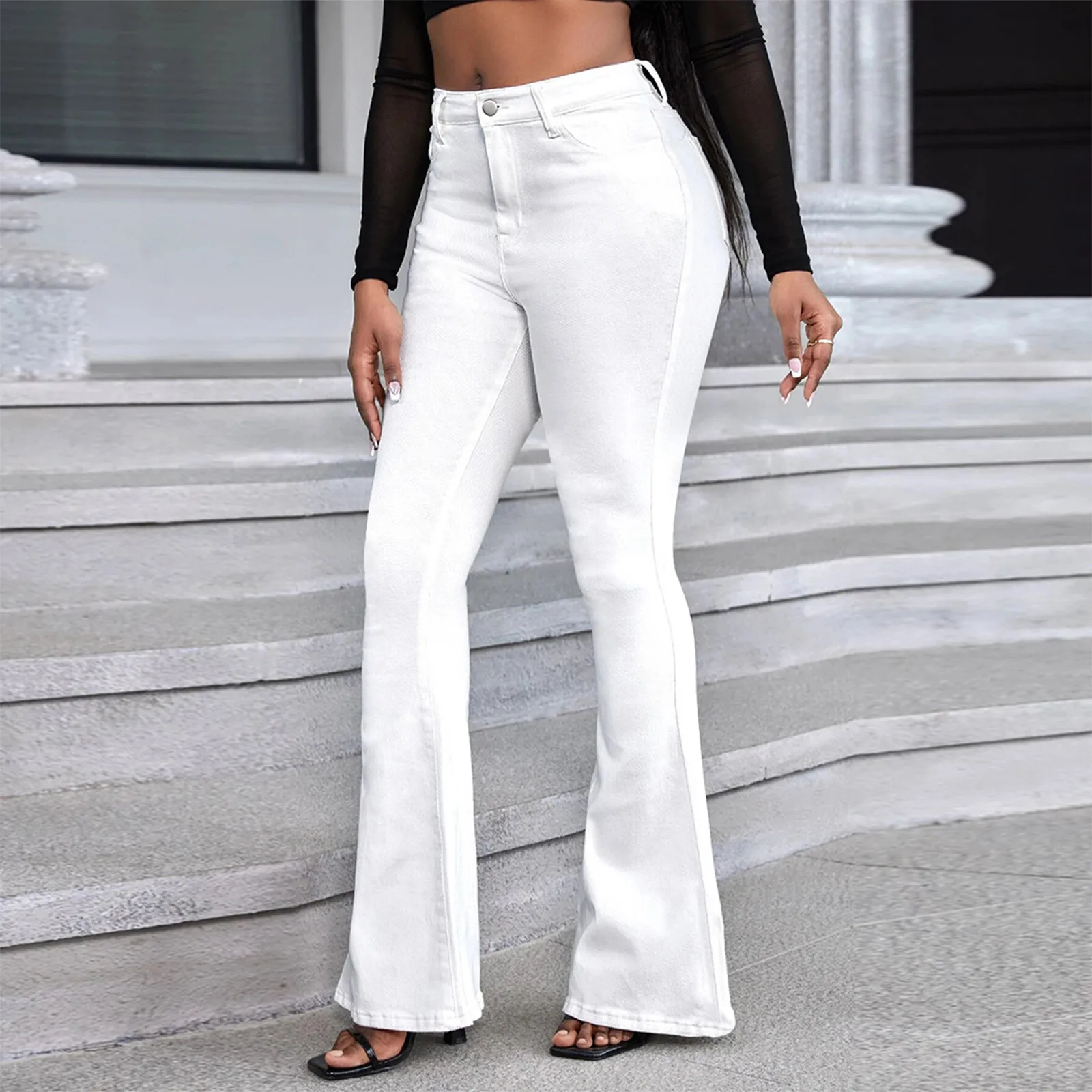 Summer Women Flared Jeans High Waist Cotton Stretch Comfortable Classic Wide Leg Denim Casual Pants Skinny Trousers