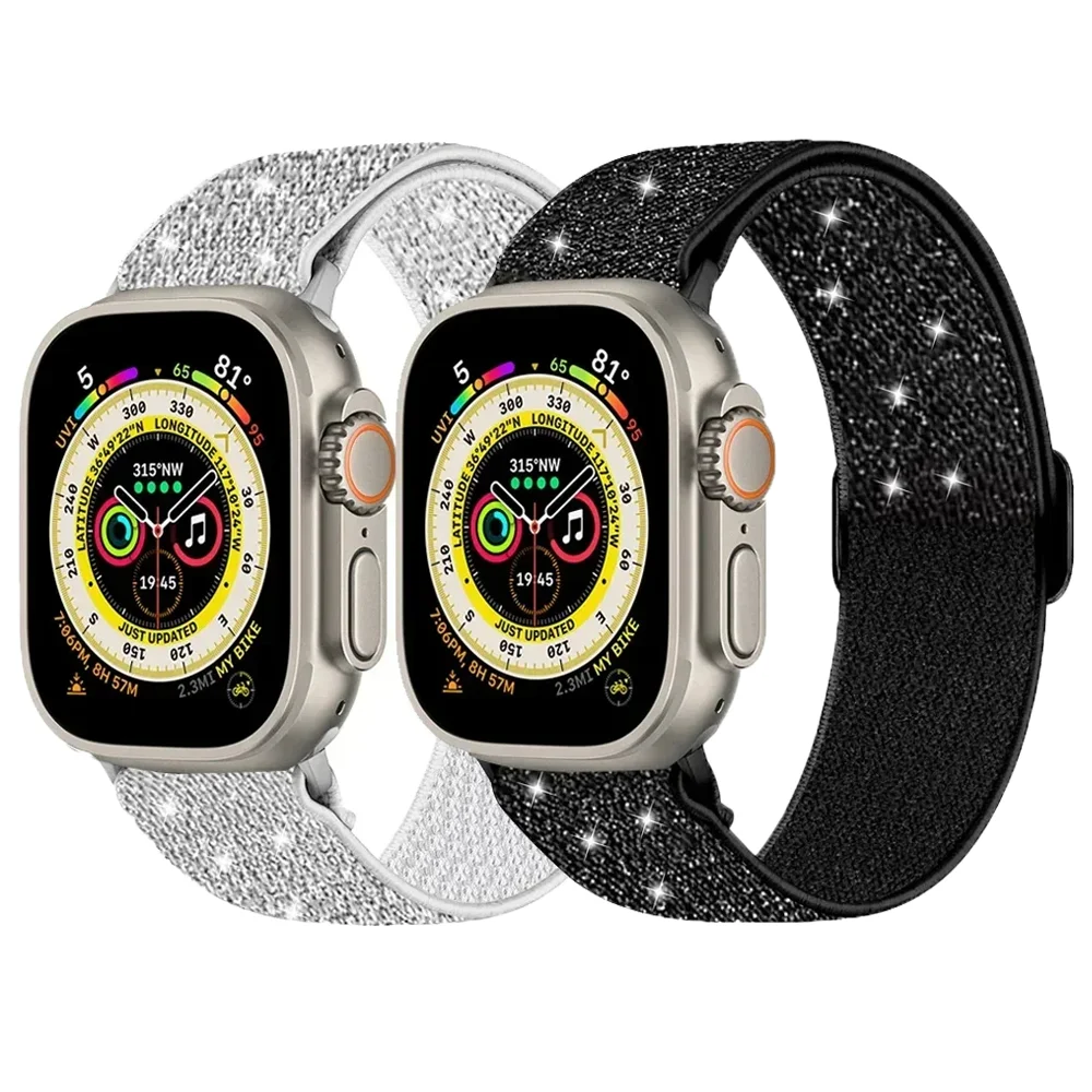 Bohemian Nylon Strap for Apple Watch ultra 2 Band 49mm 41mm 45mm 38/40/44mm Elastic Shiny Bracelet iWatch Series 9/8/7 6 5 4 Se