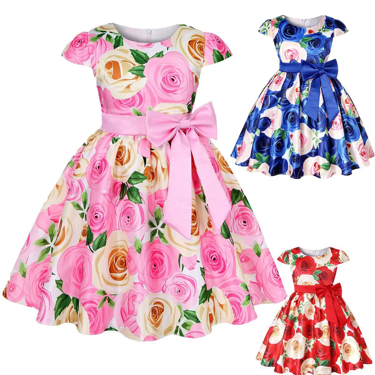 Summer Girls Rose Print Dress Princess Wedding Birthday Party Frocks Satin Children Vestidos Dresses For Girl Christmas Clothing