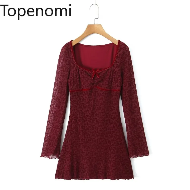 Topenomi Vintage Christmas Party Dress Women French Sexy Long Sleeve Waist A Line Flocking Short Dresses Y2k Slim Club Vetsidos