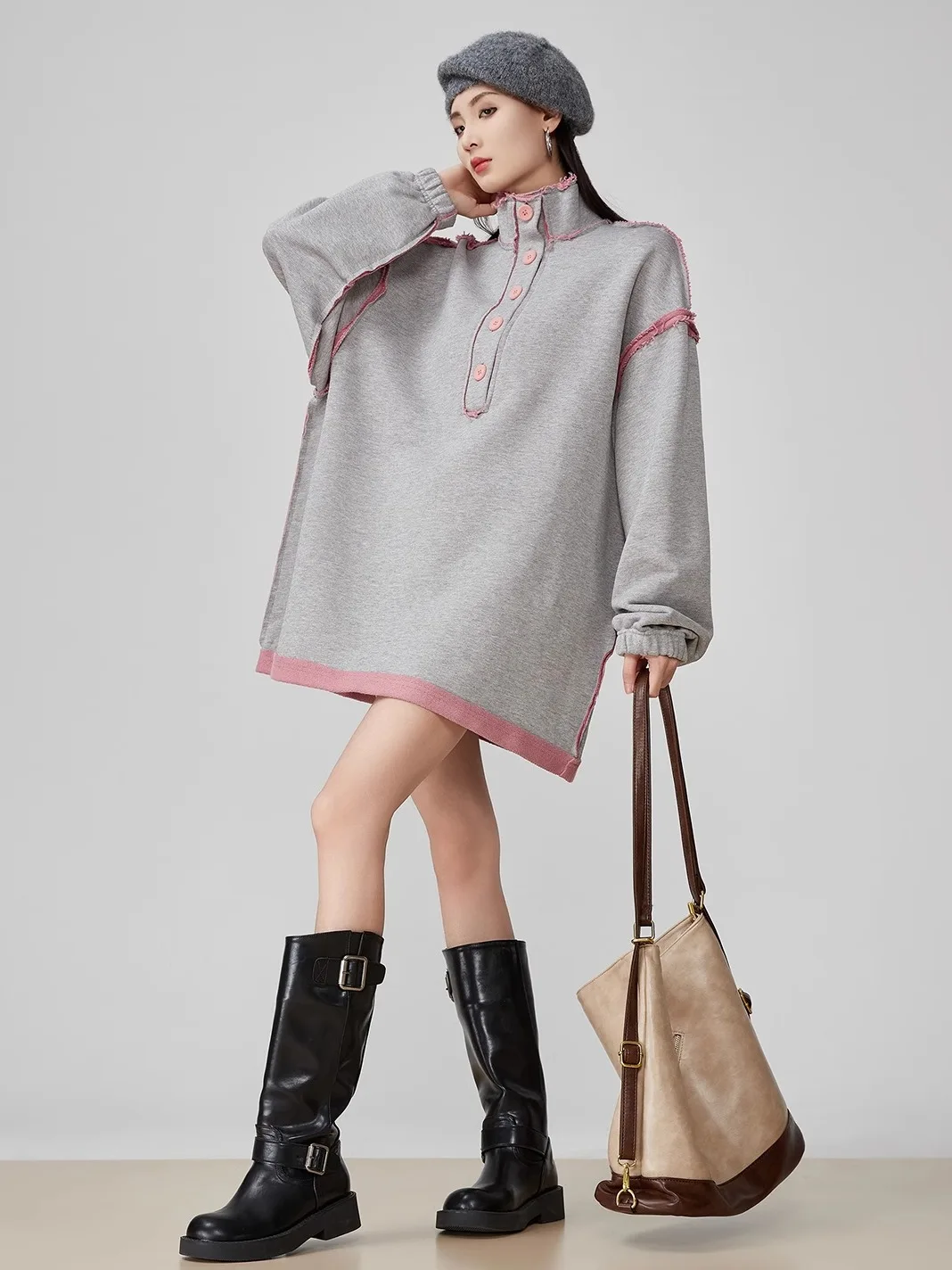 Różowa Luźna Bluza z Kapturem Damska Wiosna 2025 Nowy Design Stójka Postrzępione Wykończenie Wygodna Codzienna Góra