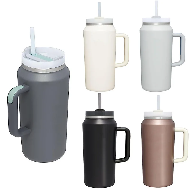 New 64oz Car Cup with Handle - Portable Insulated Straw Mug - Large Capacity 304 Stainless Steel Thermos for Cold Drinks