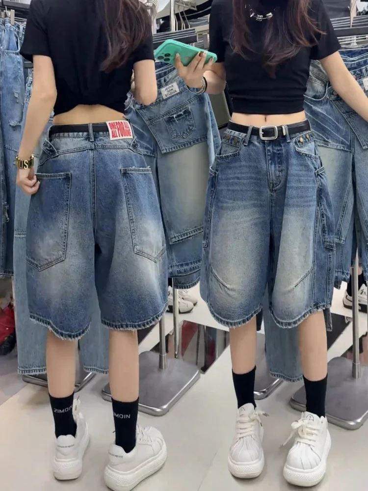 

Американские джинсы с высокой талией и широкими штанинами, женские летние тонкие новые джинсы больших размеров для полных женщин, утягивающие брюки длиной до колена