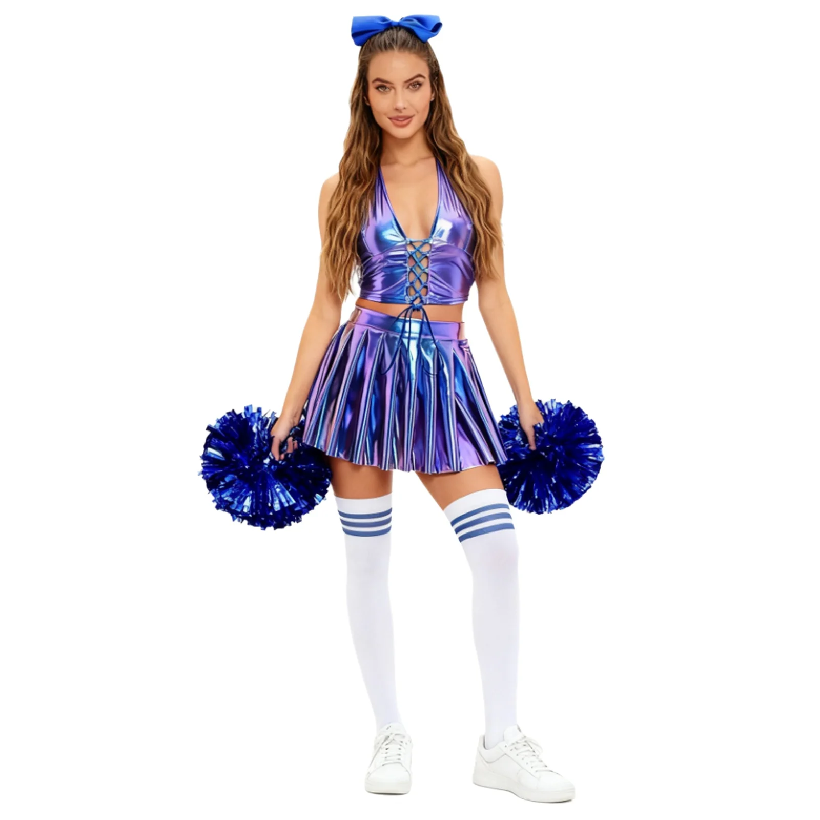 Strój cheerleaderek damski: sznurowany top typu halter, plisowana mini spódniczka, kokardka, gumka do włosów, 1 para kwiatowych bombek i pończochy.