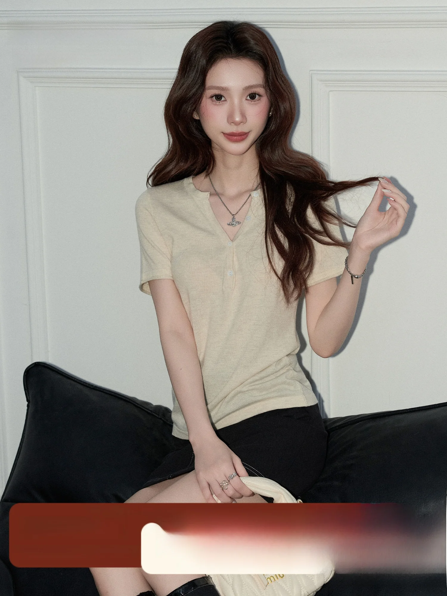 

Женский вязаный свитер Meng Xiaoqi в корейском стиле с полуоткрытым воротником на пуговицах, весенний, укороченный, с коротким рукавом, для стройности фигуры