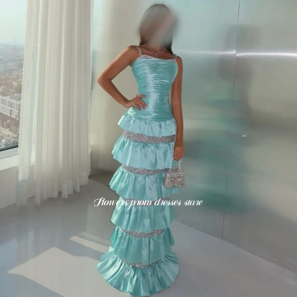 Flowers Blue Party Dress with Sequins Layers Party Dress Straps Celebrity Gala Dress for Women فساتين مناسبة رسمية Customized