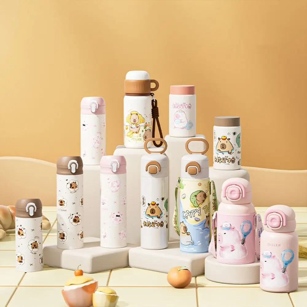 Large Capacity Stainless Steel Capybara Insulated Cup with Crossbody Capybara Thermos Vacuum Straw Cup Water bottle for Student