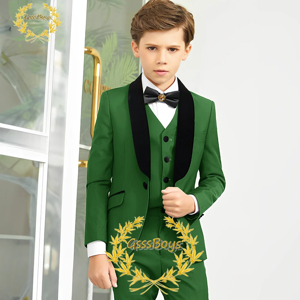 

Green Boys Suit 3 Piece Set (Jacket Pants Vest Tie) Wedding Kids Tuxedo Slim Fit Blazer Fashionable 2-16 Years Old Clothes