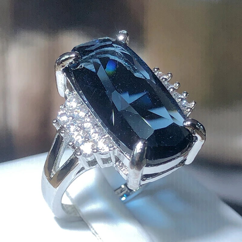 925 Stamp Exaggerated Atmosphere Dark Blue Zirconia Ring Female New Party Birthday Jewelry Gift Wholesale