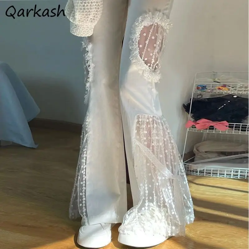 High Waisted Spicy Girl Micro Flared Casual Pants for Summer 2025, New Mesh Lace Hollow Out Design, Wide Leg Pants