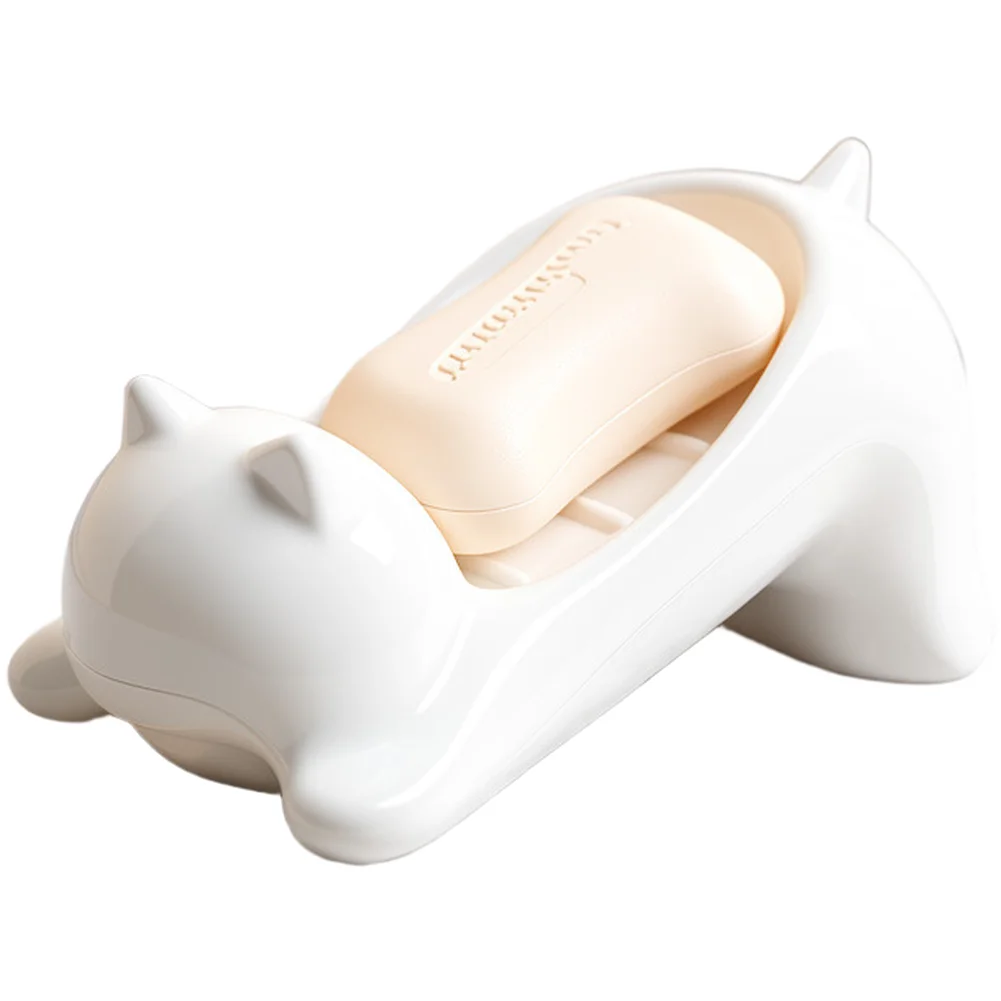 

Playful Cat Design Soap Dish with Drain Holes for Bathroom Counter 16.8x10x8cm White Plastic Holder PP Material