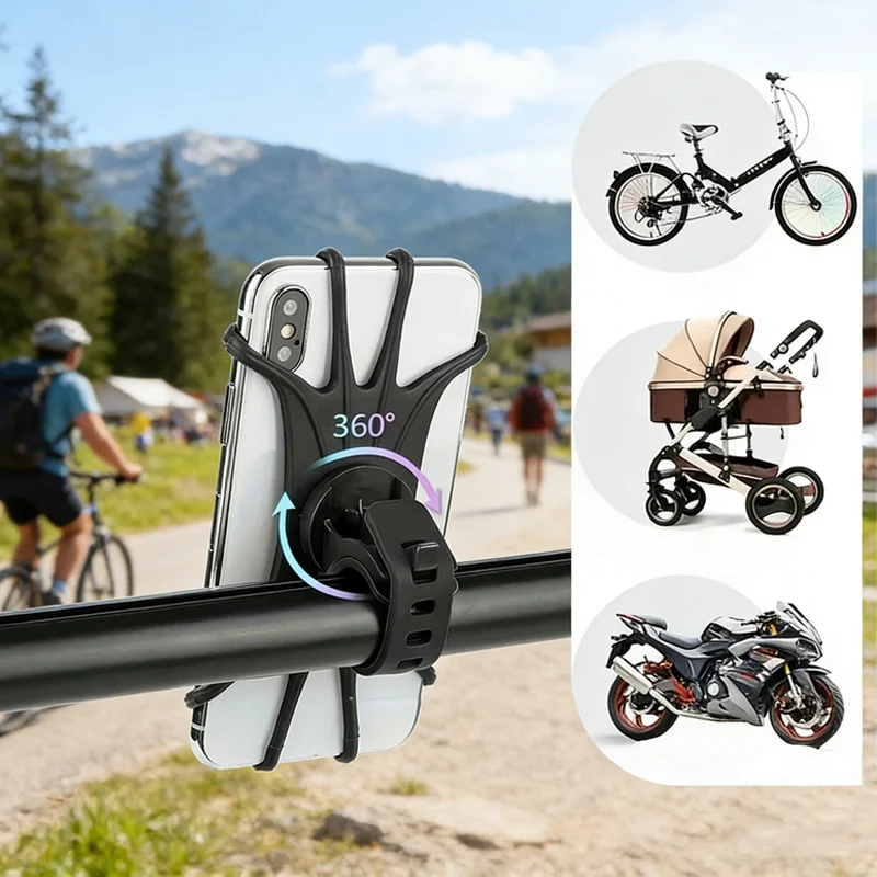 

Universal Bicycle Mobile Phone Holder 360 Rotating Silicone Bike GPS Clip Mount Baby Stroller Stand Motorcycle Handlebar Bracket