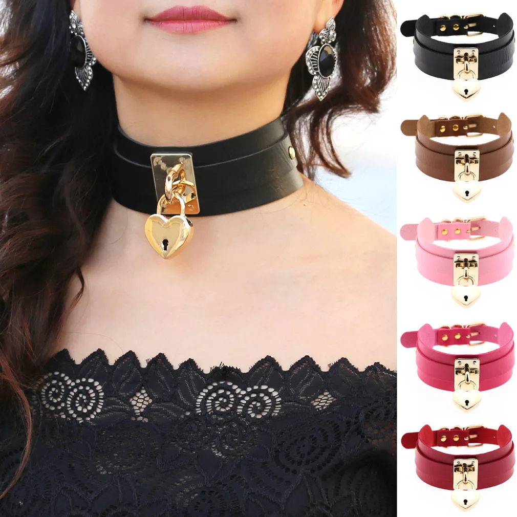 Punk Gothic Personality Exaggeration Nightclub Creativity Heart shape Multicolored Leather Stainless steel Collar Clavicle chain