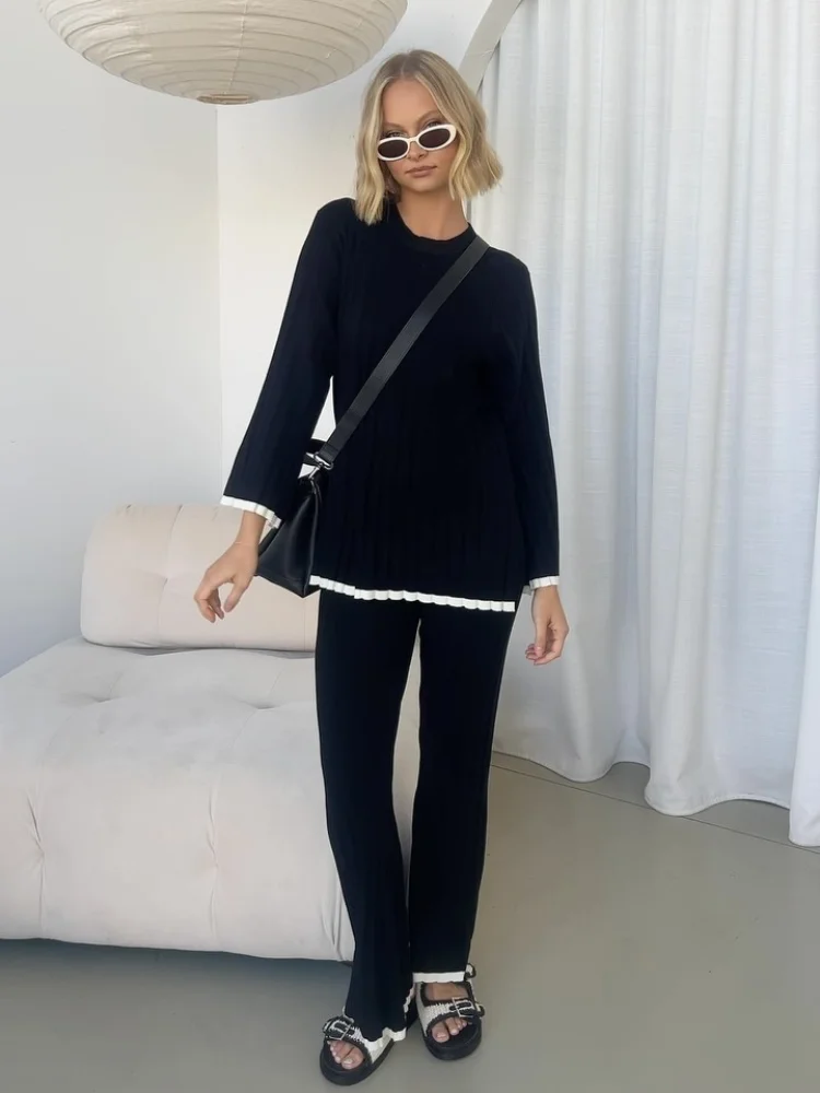 

Autumn Women Casual High Waist Knitted Long Pants Set Black White Patchwork O-neck Trumpet Sleeve Pullover Female Street Outfits