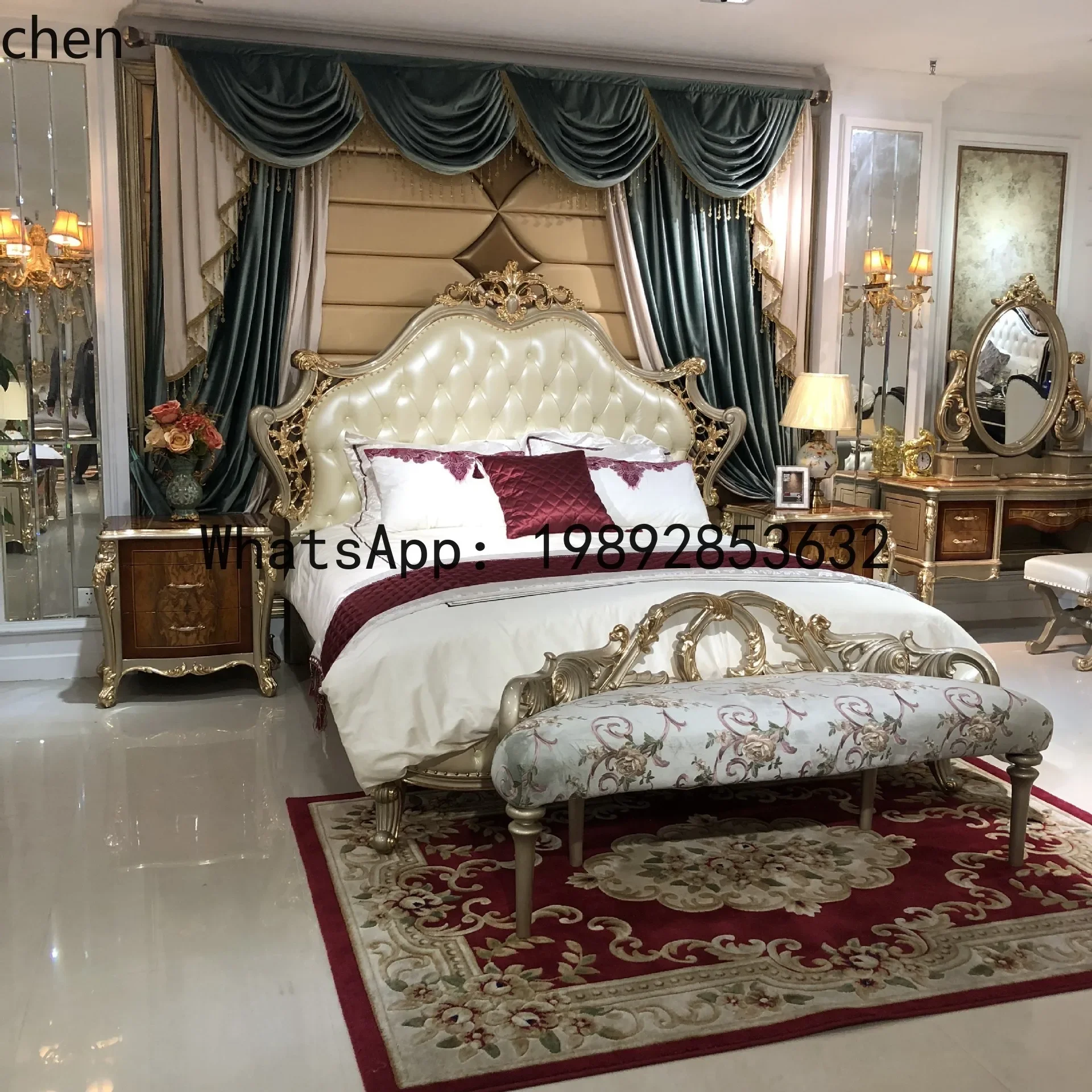 YFY French Style Solid Wood Bed End Stool European Carved Classical Bedroom Bedside Shoe Changing Bench