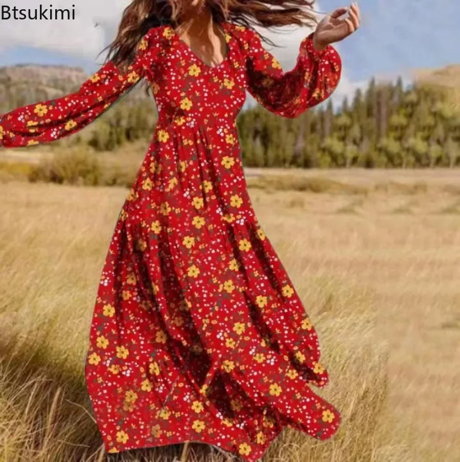 2025 Stylish Casual Maxi Dress for Women Floral Printed Mini Dress Evening Party Dresses V-neck Lantern Sleeve A-line Long Skirt image 5