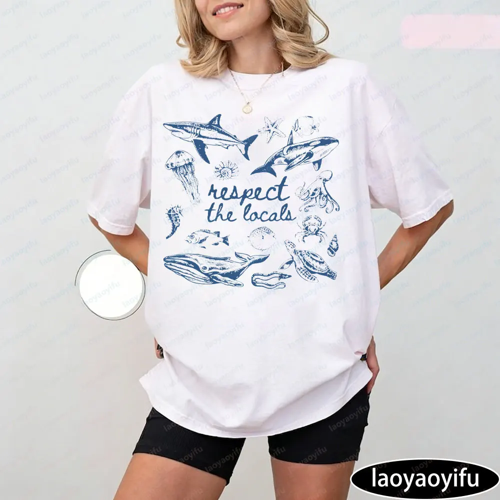 

Sea Animals T-Shirt Ocean Conservation Women Shirt Respect The Locals Shirt Sealife Vintage Sea Tee with Sea Creatures Shirt