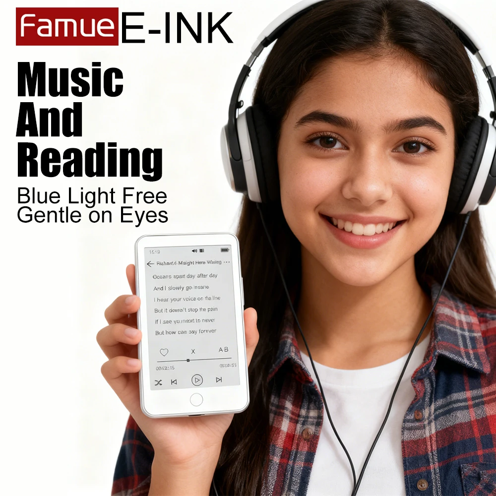 Famue E Ink MP3 Player Sem Tela de Luz Azul Música HiFi para Estudantes, Gravador de Sala de Aula, Rádio FM, Bluetooth 5.3 Presente de Natal