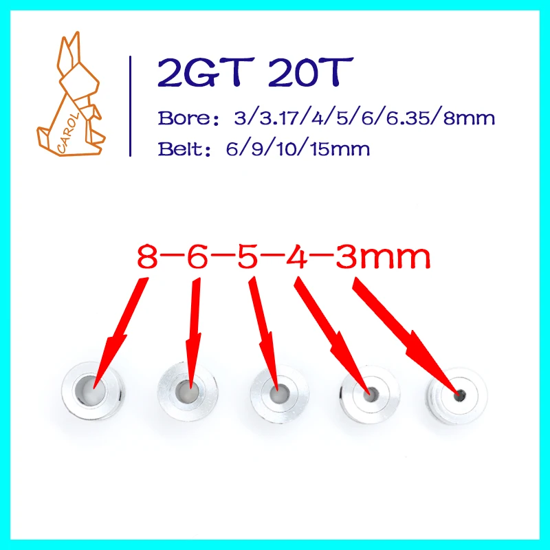 CAROL 20 Teeth synchronous belt Pulley 2GT Bore 3/3.17/4/5/6/6.35/8mm  Belt Width 6/9/10/15mm GT2 Timing Pulley For 3D Printers