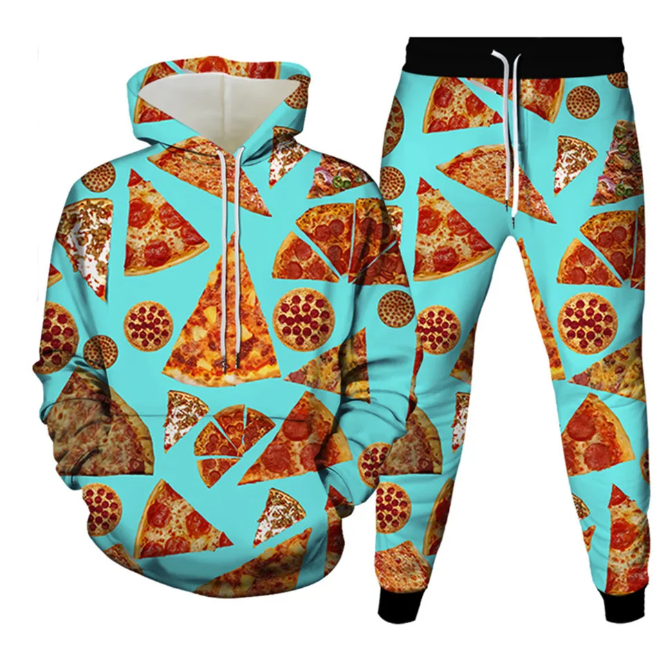 Ropa con estampado de dibujos animados de Pizza para hombre, chándal de 2 piezas, conjunto de Sudadera con capucha, pantalones de chándal para