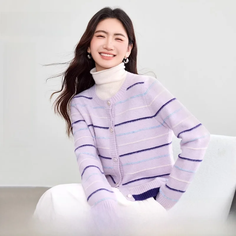 

Soft Long Sleeve round Neck Cardigan Sweater with Cashmere Rainbow Stripe Pearl Button Irregular Closure Commute Style Women'...