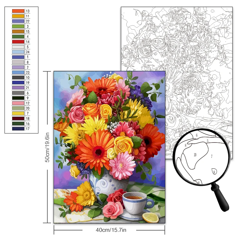 PhotoCustom 60x75 cm Dipingere con i numeri Artigianato Immagine Disegno Fiori Immagini fai da te con i numeri Per adulti Decorazioni per la casa