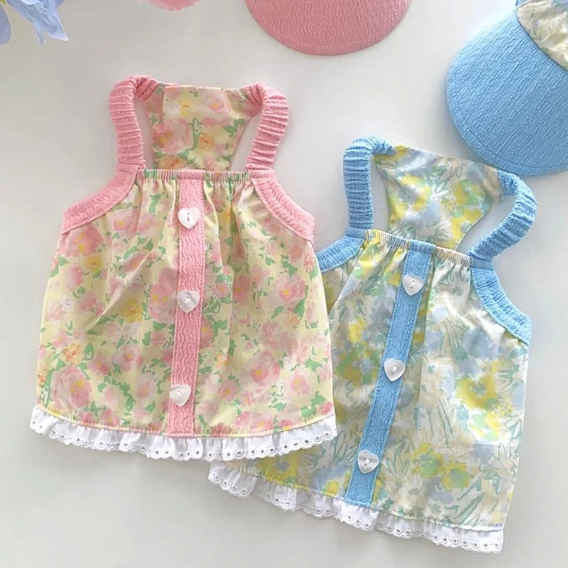 

Fresh Floral Puppy Vest Pet Dog Small Flower Camisole Summer Thin Clothes Teddy Popular Open Button Shirt Cool Dog Clothes