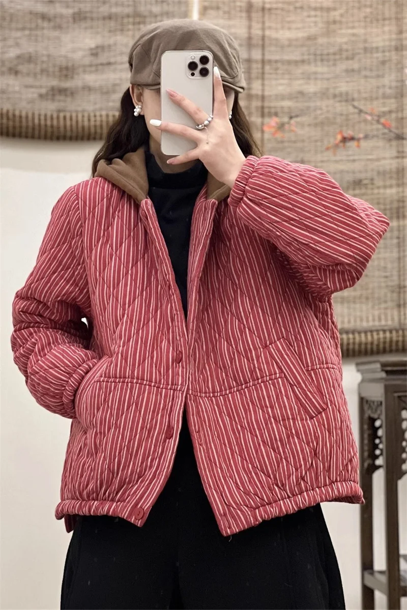 Winter Vintage Style Cotton Linen Stripe Quilted Jacket Thickened Hooded  Women\'s Loose Large Size Warm Plaid Cotton Coat Z3961