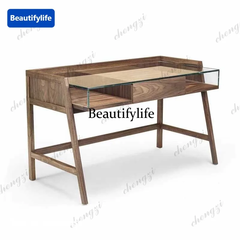 Italy North America Black Walnut Desk Glass Surface Desk Computer Study Table