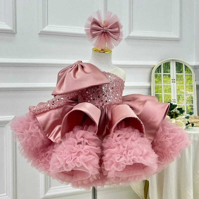 Wunderschönes elegantes Mädchenkleid, Schleifendesign, High-End-Party-Abendkleid, exquisites 1-jähriges Baby-Mädchen-Outfit, Blumenmädchenkleid