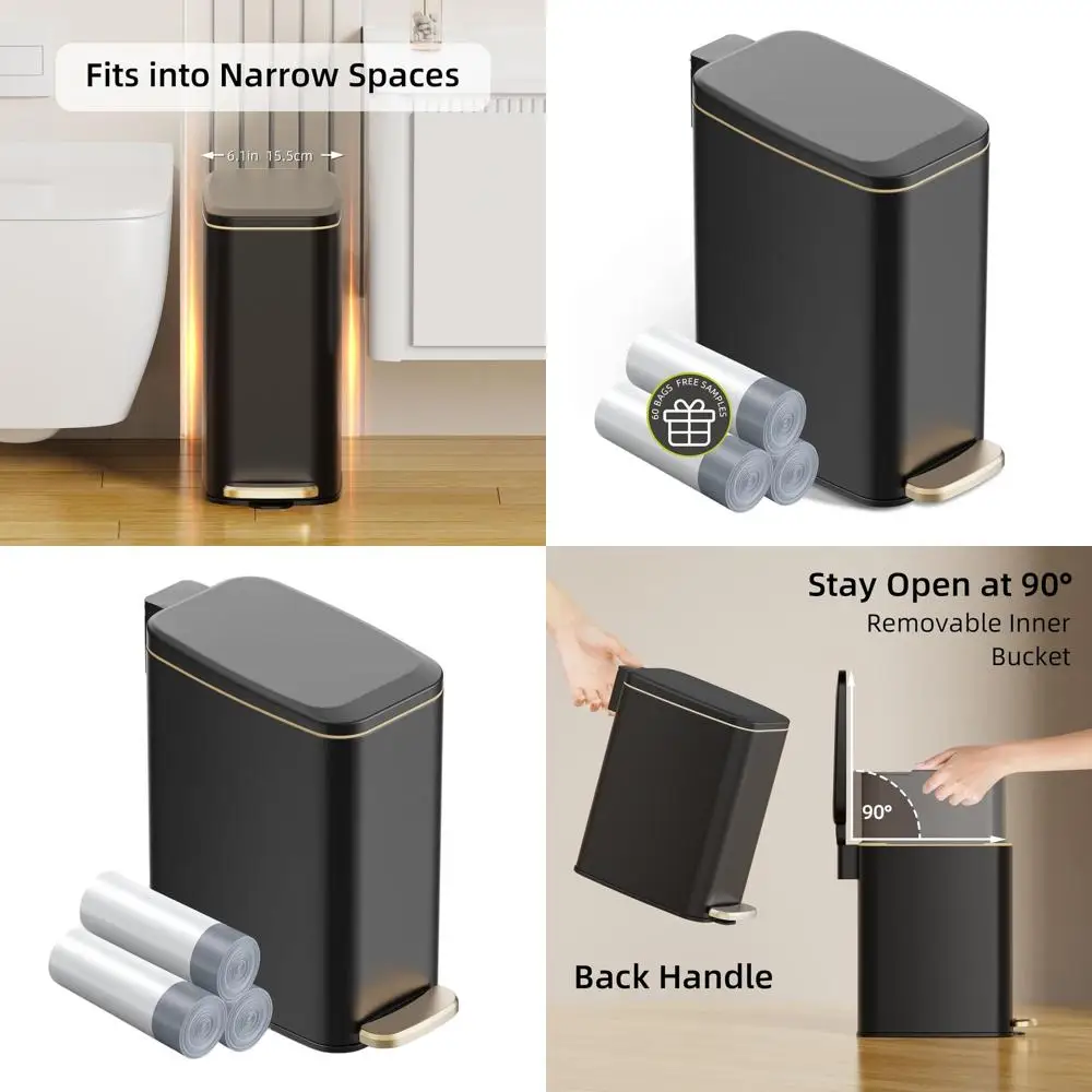 

6L Slim Stainless Steel Trash Can with Soft-Close Lid, Step-On Pedal, and Removable Bin for Compact Bathroom Spaces (Black)
