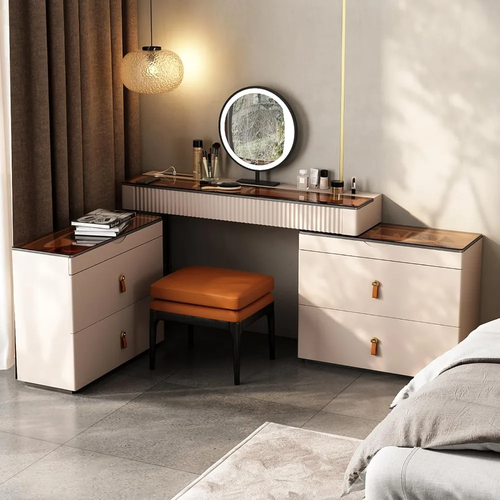 Dresser with drawers and mirror, brown wood top, leather ottoman