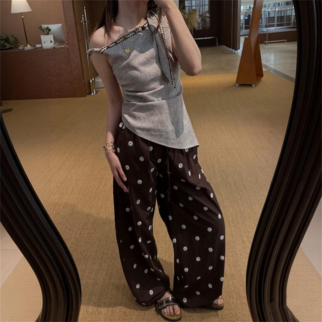 

Anna High Waist Wide Leg Pants Embroidered Floral Coffee Color Spring Summer Casual Cotton Linen Straight Cut Loose Fit Ladie...