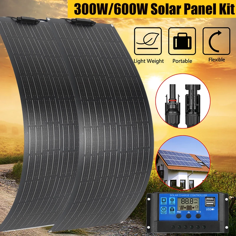 300W 600W Flexible Solar Panel 12V 24V Solar Charge Battery Kit with 30A/60A Controller for Camping RV Home Solar Power Bank