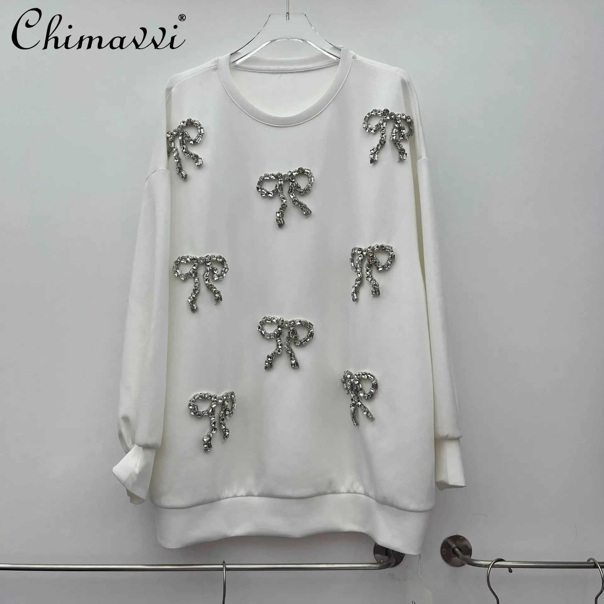 

American Fashion Streetwear Heavy Industry Diamond Bow Oversized Pullovers Tops Sports Casual Loose Sweatshirt Women Autumn 2025