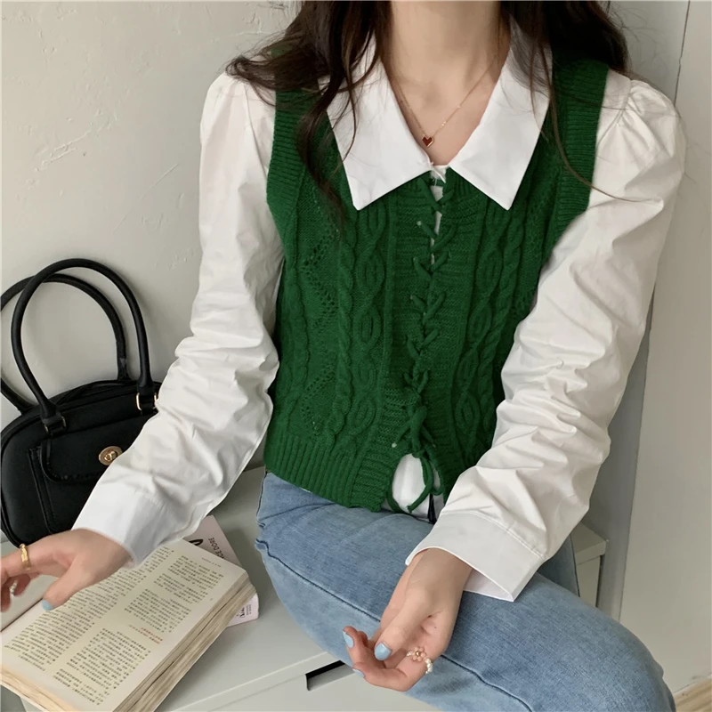 Solid Red Sweater Vest Women High Street Design Belt Twist Knitting Sleeveless Sweaters Loose Cropped Vests Female Korean Style