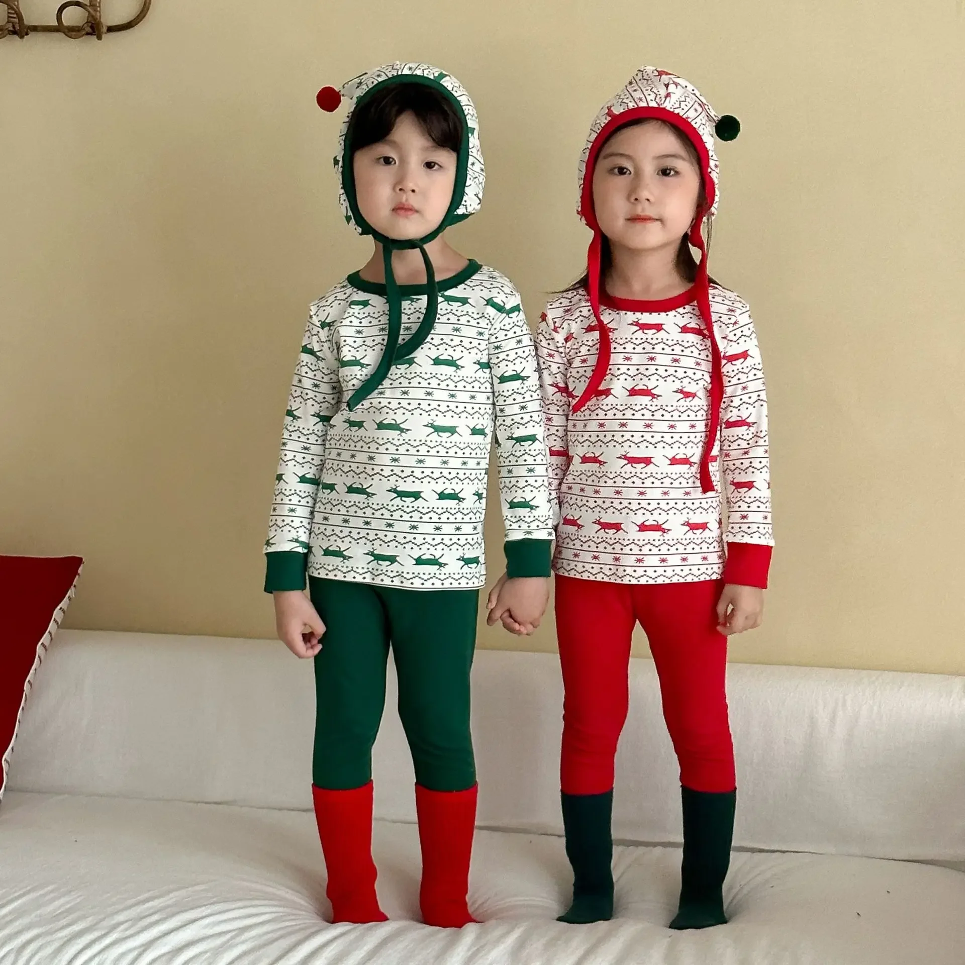 

2025 Christmas Kids Warm Pajamas Sets Toddler Festive Print Long Sleeve Top Pants with Hooded Hat Children Homewear Outfit 1-8Y