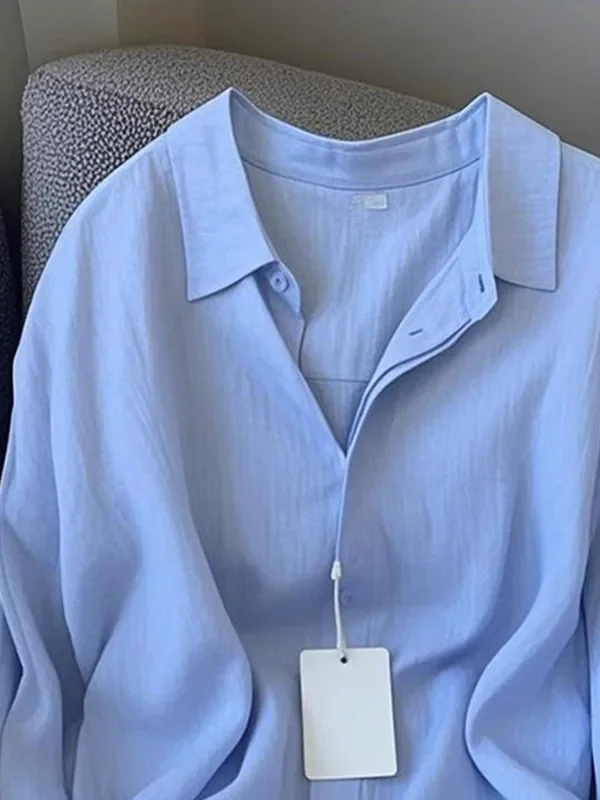 Women Linen Shirt Casual Loose Long Sleeve Thin Summer Top Pure Color Turn Down Collar French Style Sunscreen Clothing