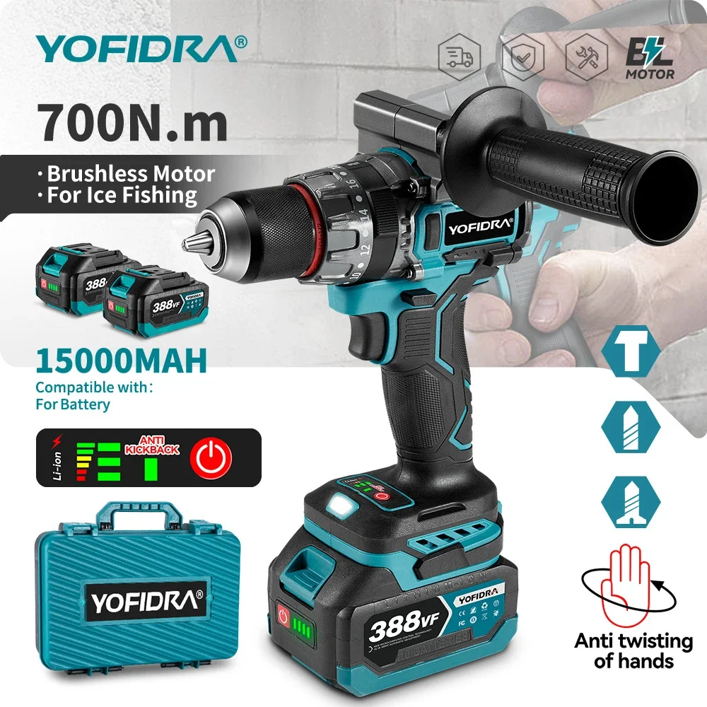 YOFIDRA 700N.M perceuse à percussion électrique sans brosse tournevis sans fil plaques sol travail du bois outil électrique pour broche de batterie Makita