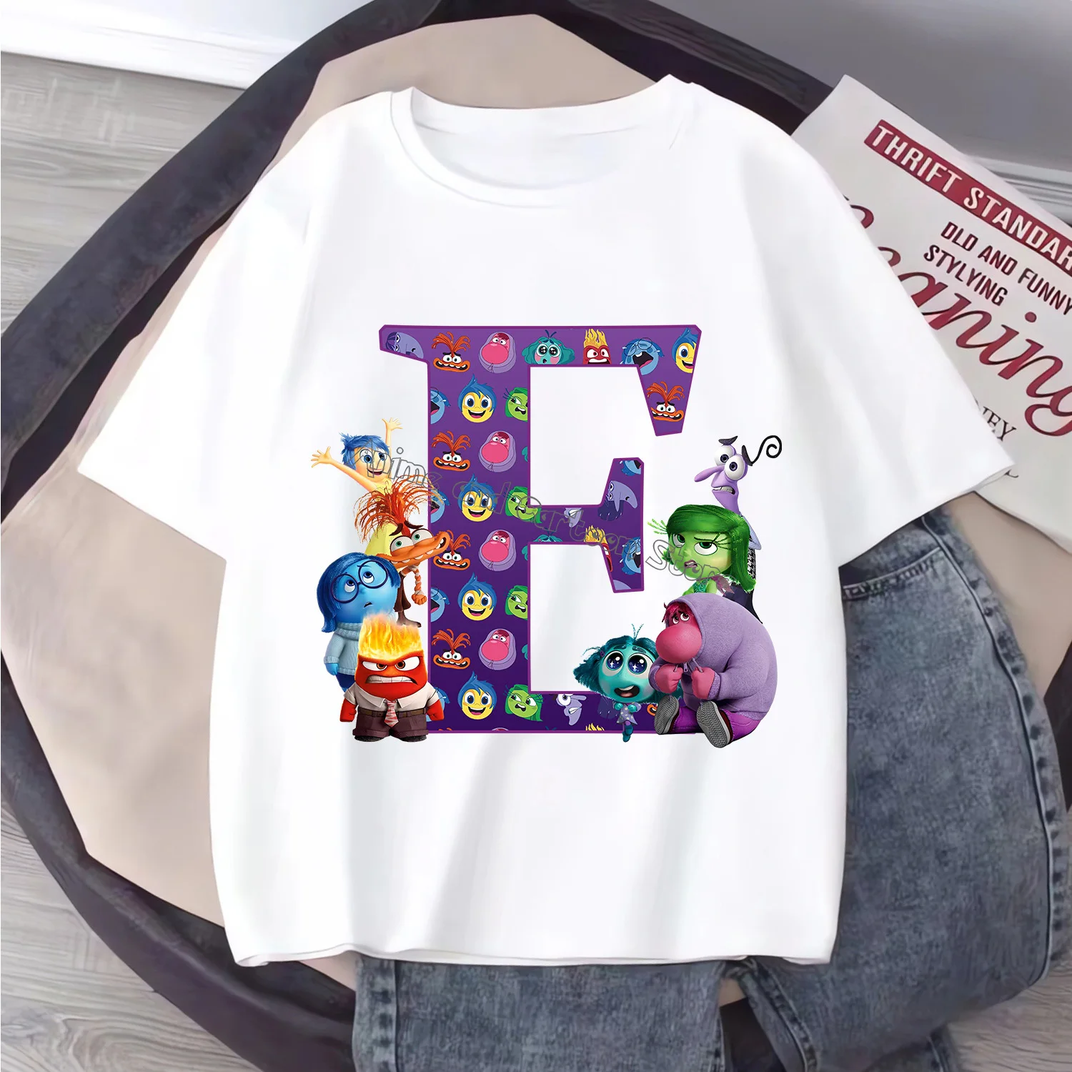 Disney Inside Out 2 T-shirt Children Letter A-Z Clothes Fashion Top Clothing New White Cartoon Short Sleeve Summer Tee Kids Gift