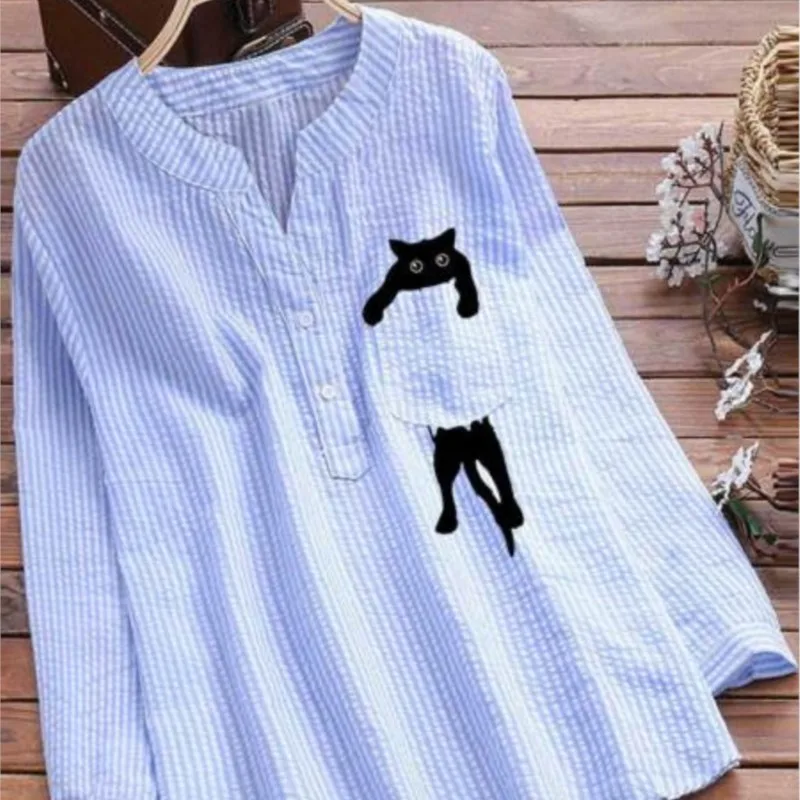 

2025 Summer Women Striped Print Buttons Blouse Tops Solid Color Cute Cat Blouses Casual Loose Long Sleeve Shirt Streetwear Tops