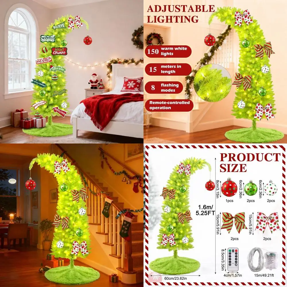 

Причудливая гибкая искусственная рождественская елка длиной 5,25 фута с 150 светодиодами и 8-режимной таймером, зеленая елочная юбка для праздничного декора