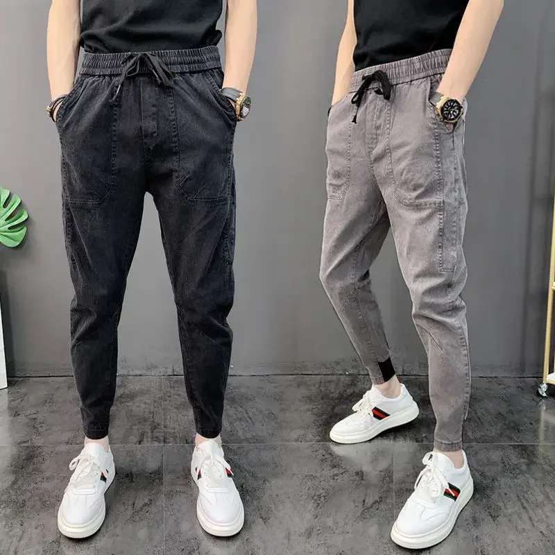 Fashion Korean Style Autumn Spring Men's Jeans Denim Elastic Waist Pencil Pants Hip-hop Solid Harem Stretchy Slim Trousers