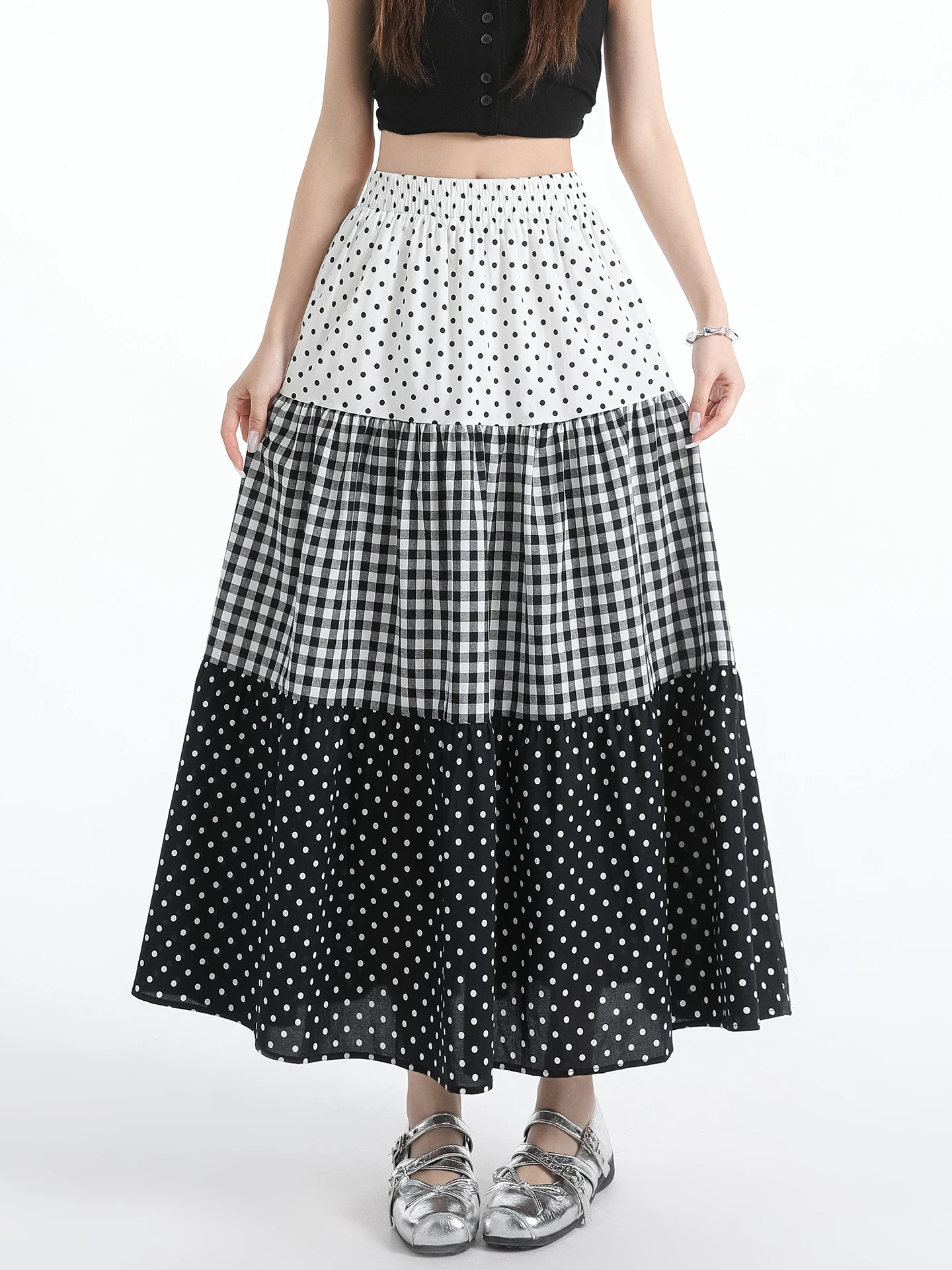 

Корейская женская летняя юбка в горошек с высокой талией, приталенная, А-силуэт, макси, юбка-солнце, весна 2026